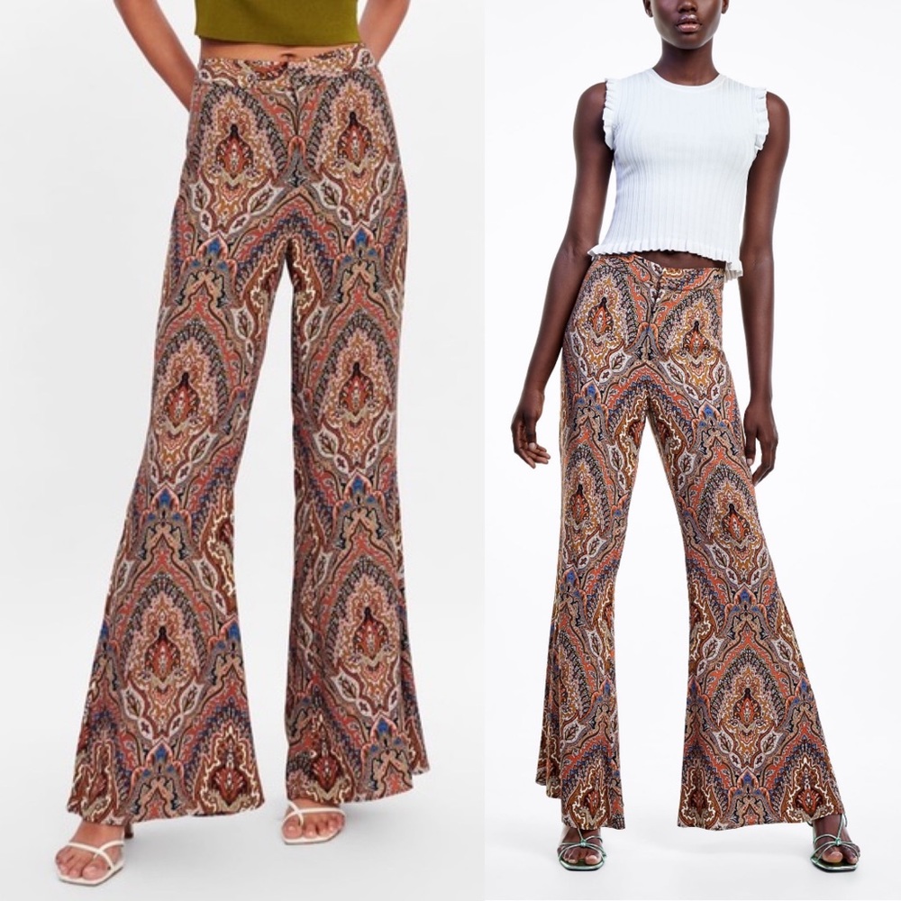 Zara Paisley Print Flare Pants in Brown Multi